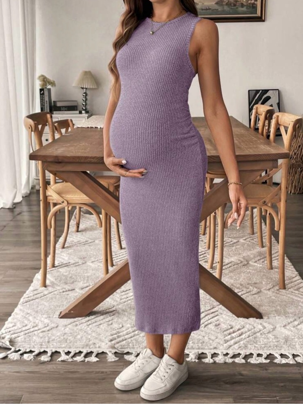 Ribbed Knit Midi Maternity Dress - purple